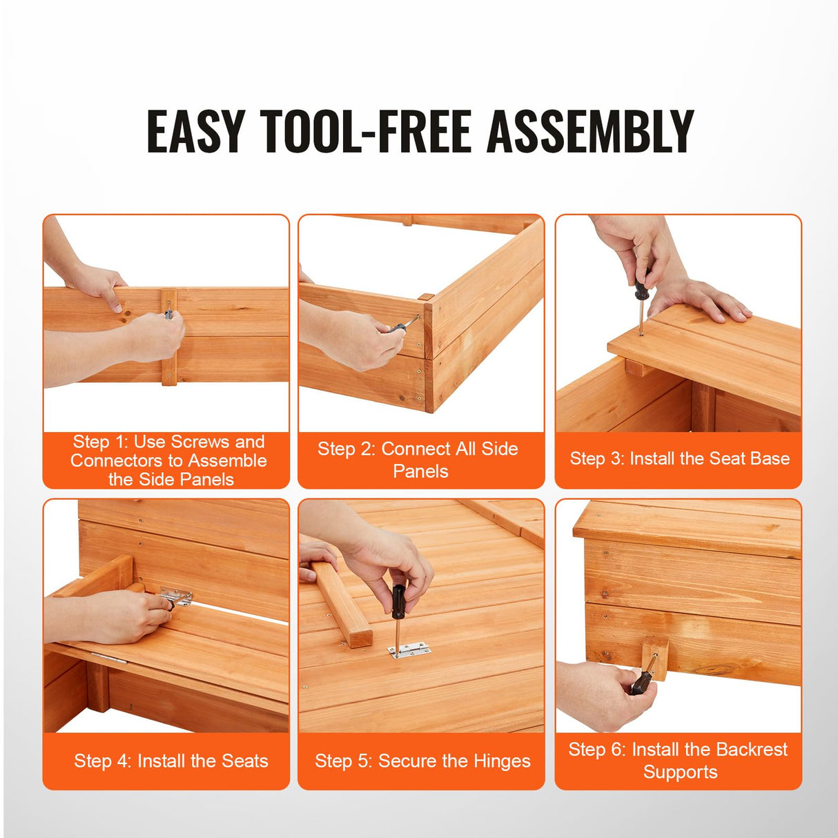 VEVOR Caja de Arena de Madera de 133 x 120 x 43 cm Arenero con Bancos Plegables y Revestimiento Inferior Caja de Arena de Madera para Niños de 3 a 12 Años para Exteriores, Patio, Playa, Parque