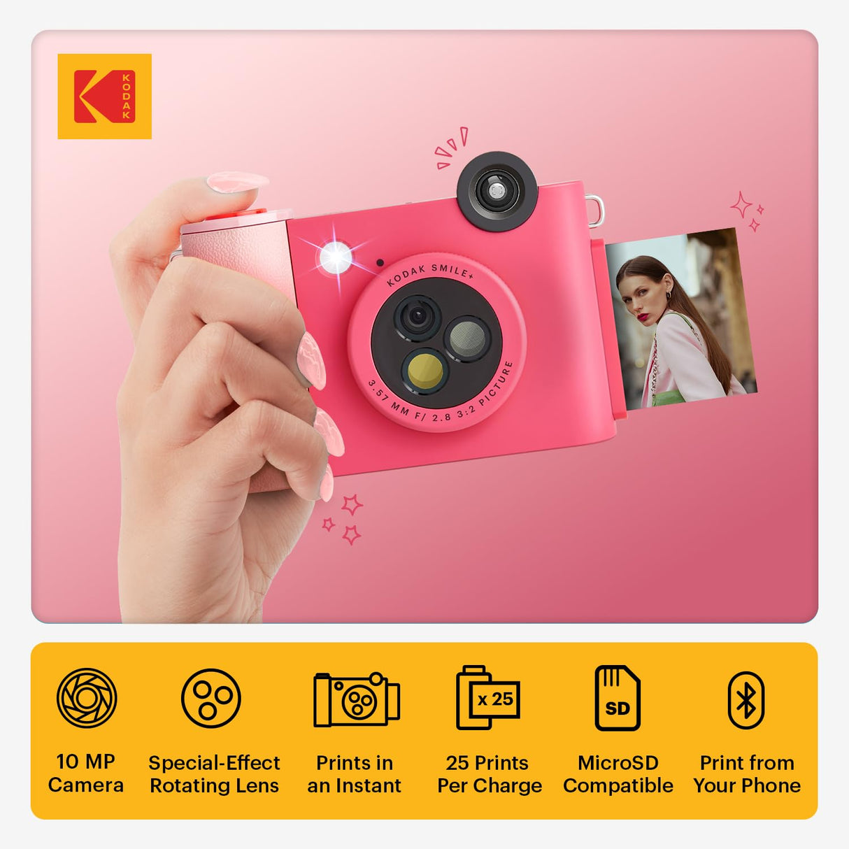KODAK Smile+ Cámara Digital instantánea 2-en-1 y Impresora Bluetooth - 10MP, Lente giratoria con Efectos, Fotos Adhesivas Zink 2x3”, Imprime Desde App en Dispositivos Inteligentes - Fucsia