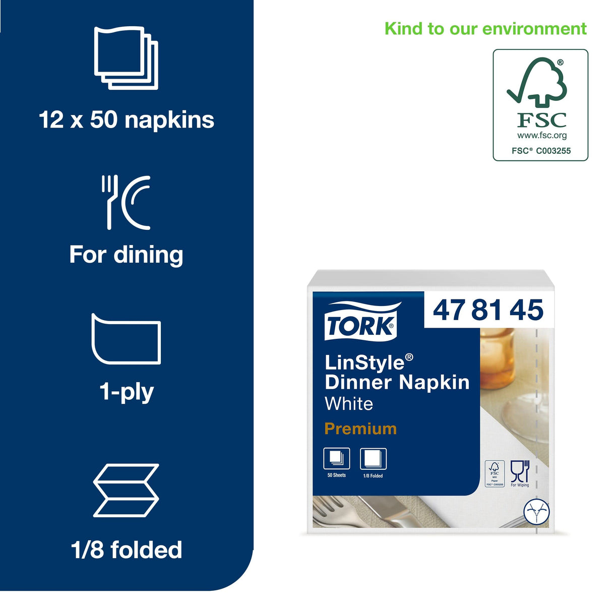 Tork 478145 Linstyle Servilleta para cena blanca/Servilleta Airlaid con plegado americano 1/8 / 1 capa / 12 paquetes x 50 unidades (600 servilletas) / 40 cm x 39 cm/Premium