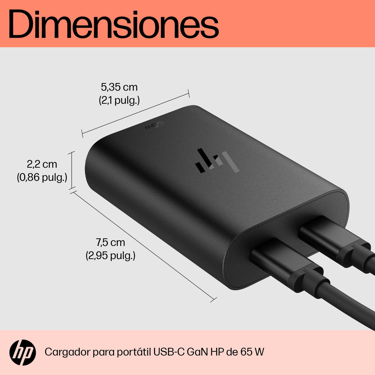 HP Cargador para portátil USB-C GAN de 65 W (Tamaño Compacto, Carga Rápida, Dos Puertos USB-C) Negro