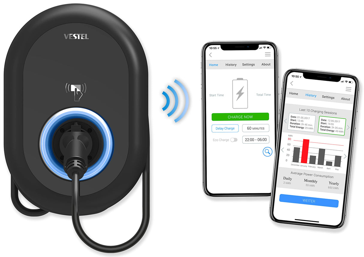 eMobility Vestel Wallbox EVC04-AC11SW-T2P - Estación de Carga para Coche (Incluye Cable de Carga de 5 m, RFID, 3 x 16 A, 11 kW