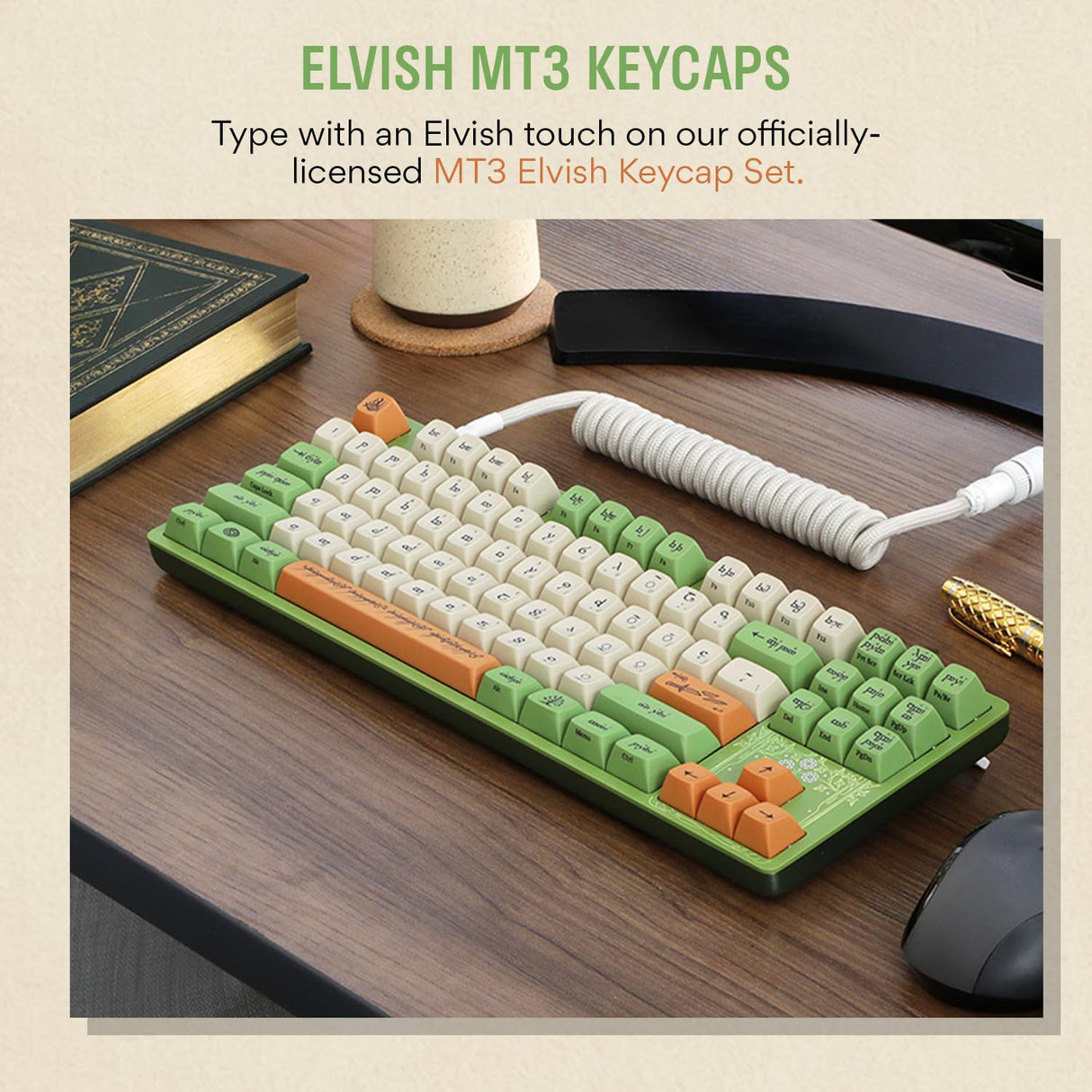 Drop + Teclado mecánico Elvish TKL de The Lord of The Rings™, Teclas de Perfil MT3 con Teclas Accent, interruptores táctiles Holy Panda X, Teclas PBT Dye-Sub, retroiluminación LED, Verde