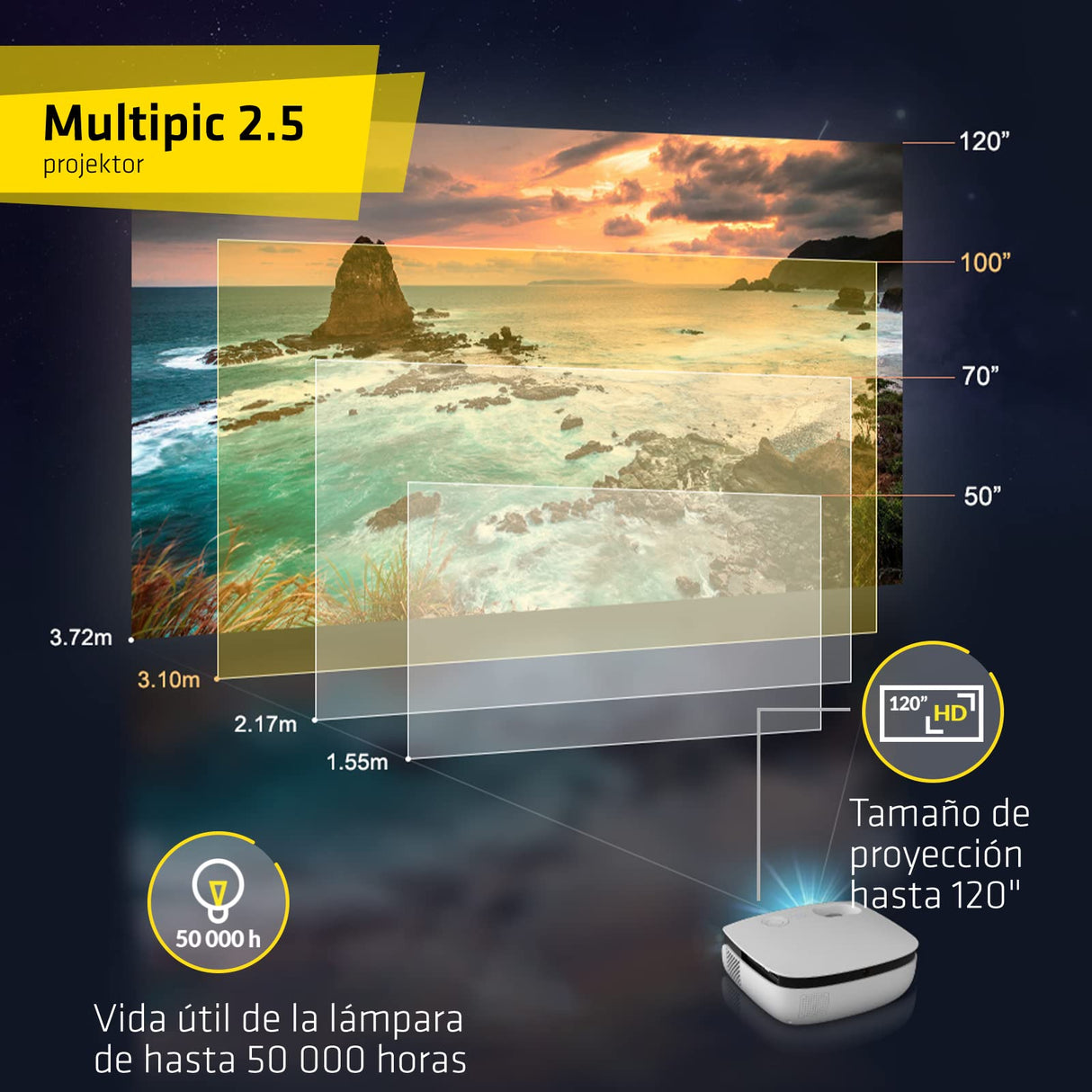 Overmax Multipic 2.5 Proyector Full HD, proyector LED, proyector de Cine en casa, Cine en casa, Control Remoto, proyector con Altavoz, tamaño de Imagen de 35 a 120 Pulgadas, retroproyector