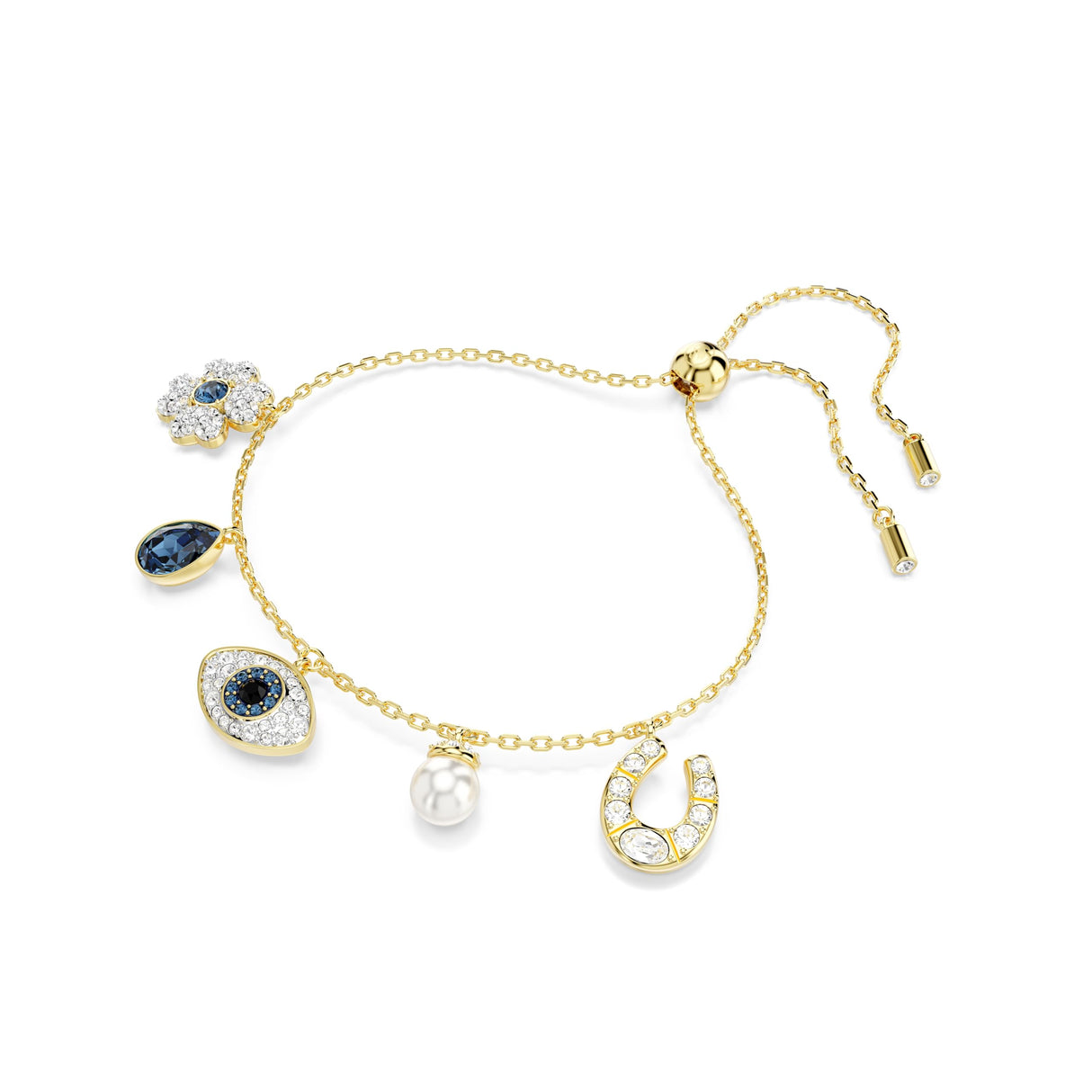 Swarovski Pulsera Symbolica, Perla de cristal, Trébol, ojo turco y herradura, Azul, Baño tono oro