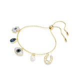 Swarovski Pulsera Symbolica, Perla de cristal, Trébol, ojo turco y herradura, Azul, Baño tono oro