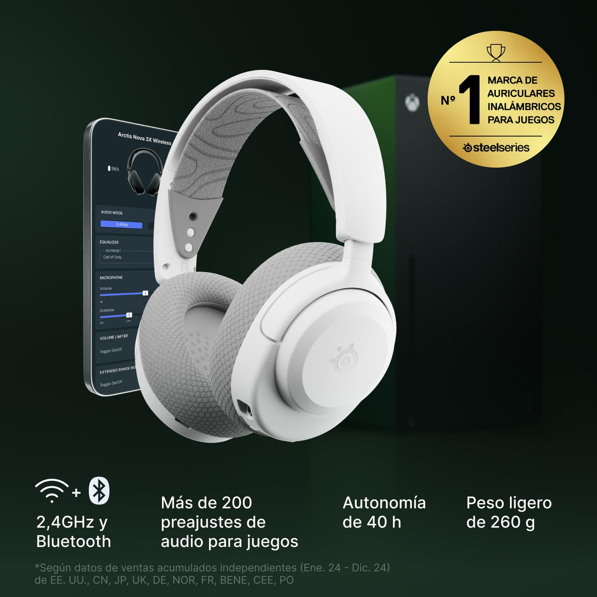 SteelSeries Arctis Nova 3X Wireless Auriculares Gaming multiplataforma - App - Batería 40h - Controladores magnéticos de neodimio - 2,4 GHz/Bluetooth - Micro extraíble - Xbox, PS, PC, Switch -Blanco
