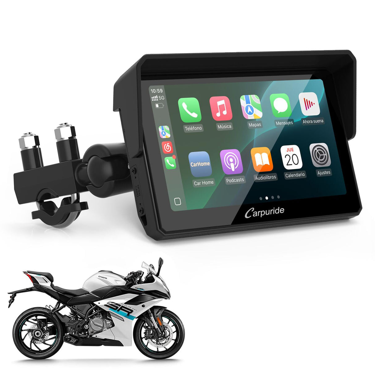 Pantalla Moto Carpuride W502, 5" IPS Táctil IP67 Impermeable, CarPlay & Android Auto Inalámbricos, GPS, Control por Voz Siri/Asistente Google, Dual Bluetooth, Soporte Ajustable Manillar