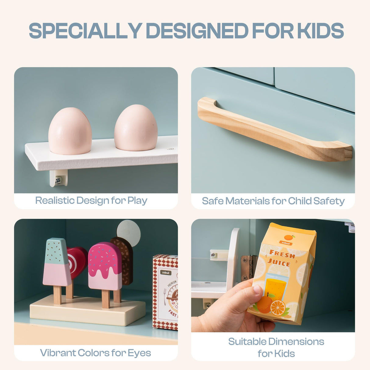 ROBUD Frigorífico de Madera - Realista e Interactivo con máquina de Hielo y Juguetes alimenticios - Adecuado para niños a Partir de 3 años