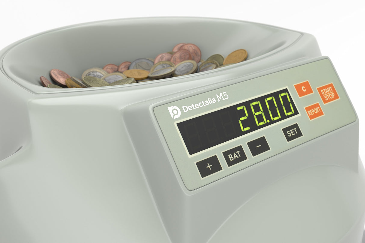 Detectalia M5 - Contadora de monedas cuenta valor y clasifica monedas mezcladas de euro - Clasificadora de monedas separando por denominación