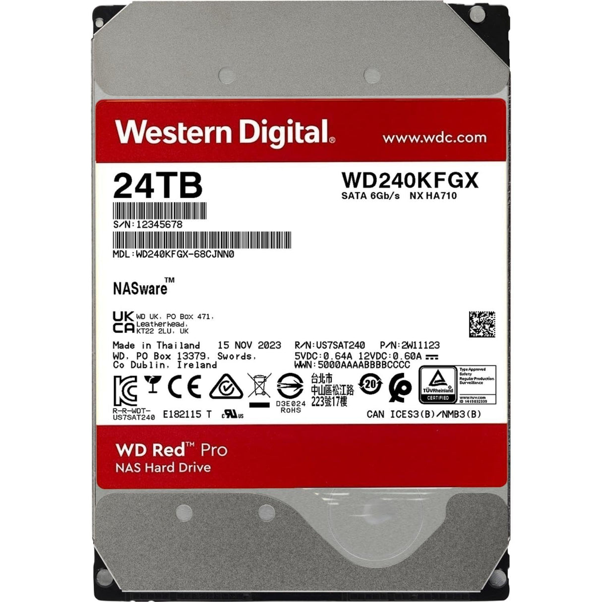 WD Red Pro 24TB NAS Disco Duro Interno 3,5" – 7200 RPM Clase, SATA 6Gb/s, CMR, 512MB Caché