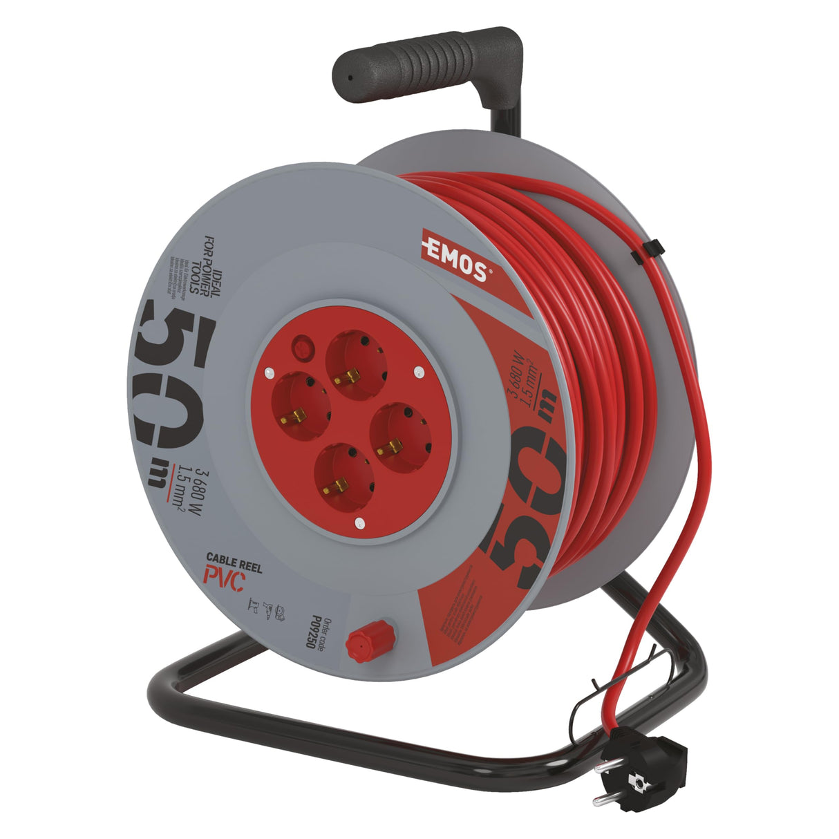 EMOS - Tambor de Cable de 50m - 4 enchufes Schuko - 230 V, 16 A, 3680 W - Aislamiento PVC H05VV-F3G 1,5 mm2 - Protección contra sobrecalentamiento - IP20 para Interiores