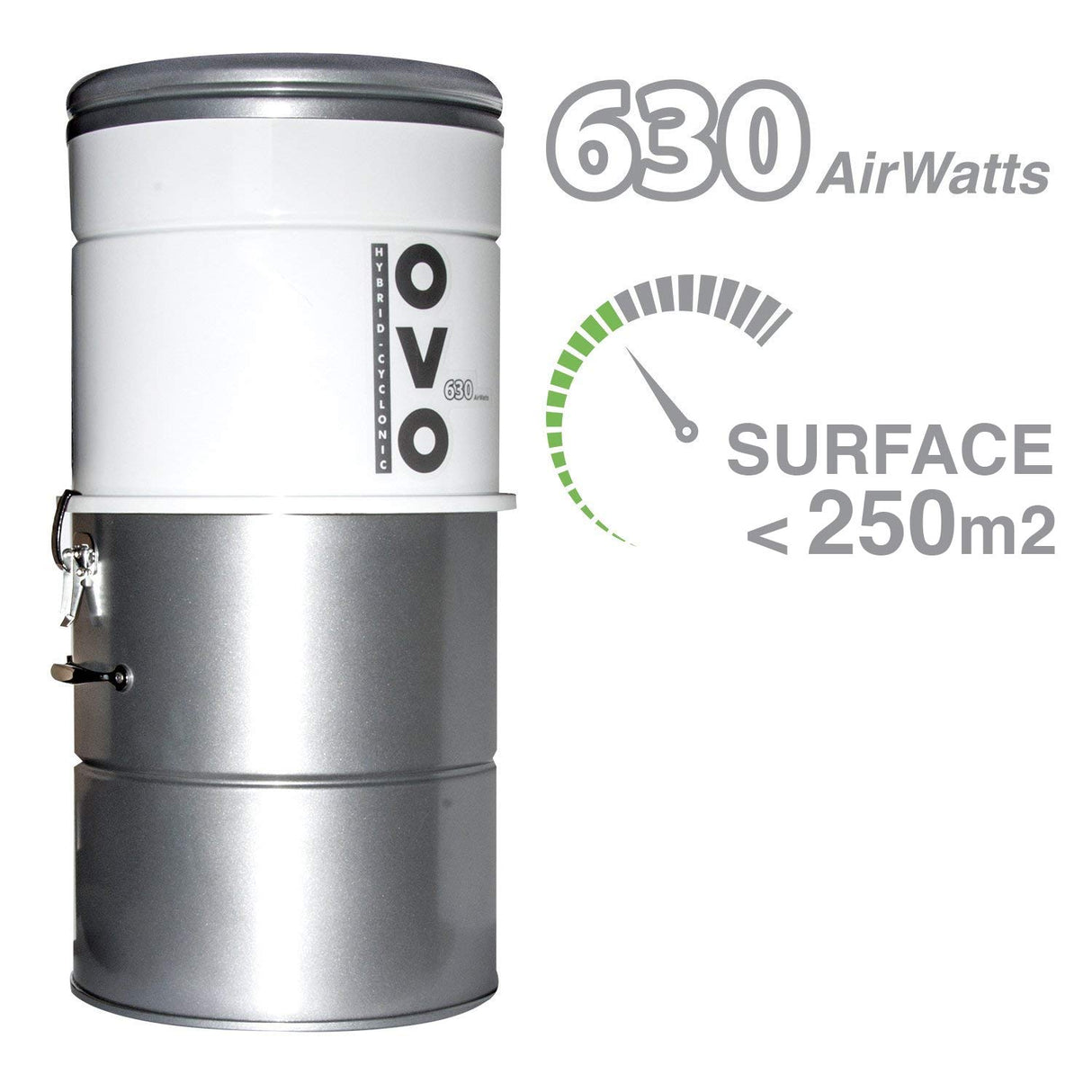 OVO - Aspirador centralizado 630 AirWatts 25 litros - Succión centralizada hasta 250 M2 - Nuevo, existente, renovación - Garantía de 10 años, Gris