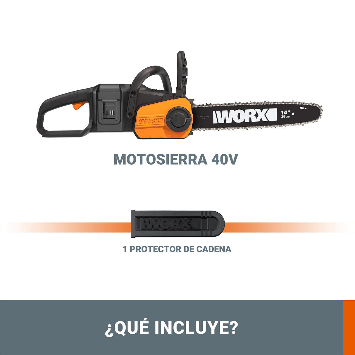 WORX Motosierra 40V Máx. (2x20V) | PowerShare | WG384E.9 | No incluye batería ni cargador |Espada 35 cm | Motor Brushless | Tensado de cadena sin herramientas