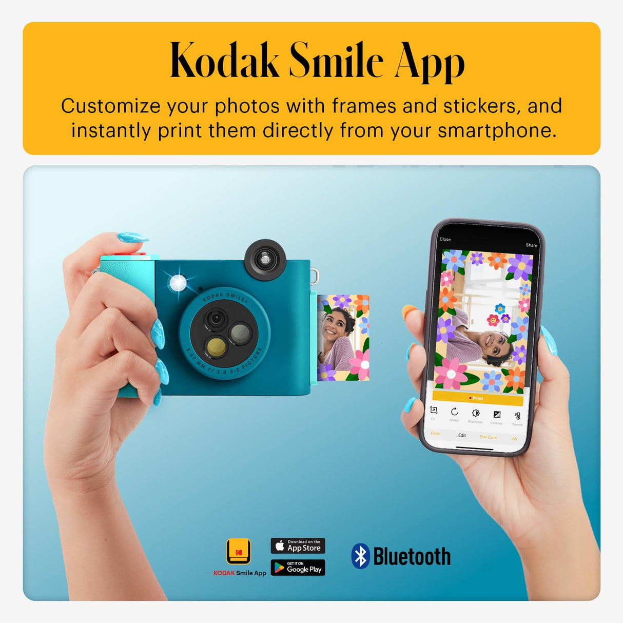 KODAK Smile+ Cámara Digital instantánea 2-en-1 y Impresora Bluetooth - 10MP, Lente giratoria con Efectos, Fotos Adhesivas Zink 2x3”, Imprime Desde App en Dispositivos Inteligentes - Azul