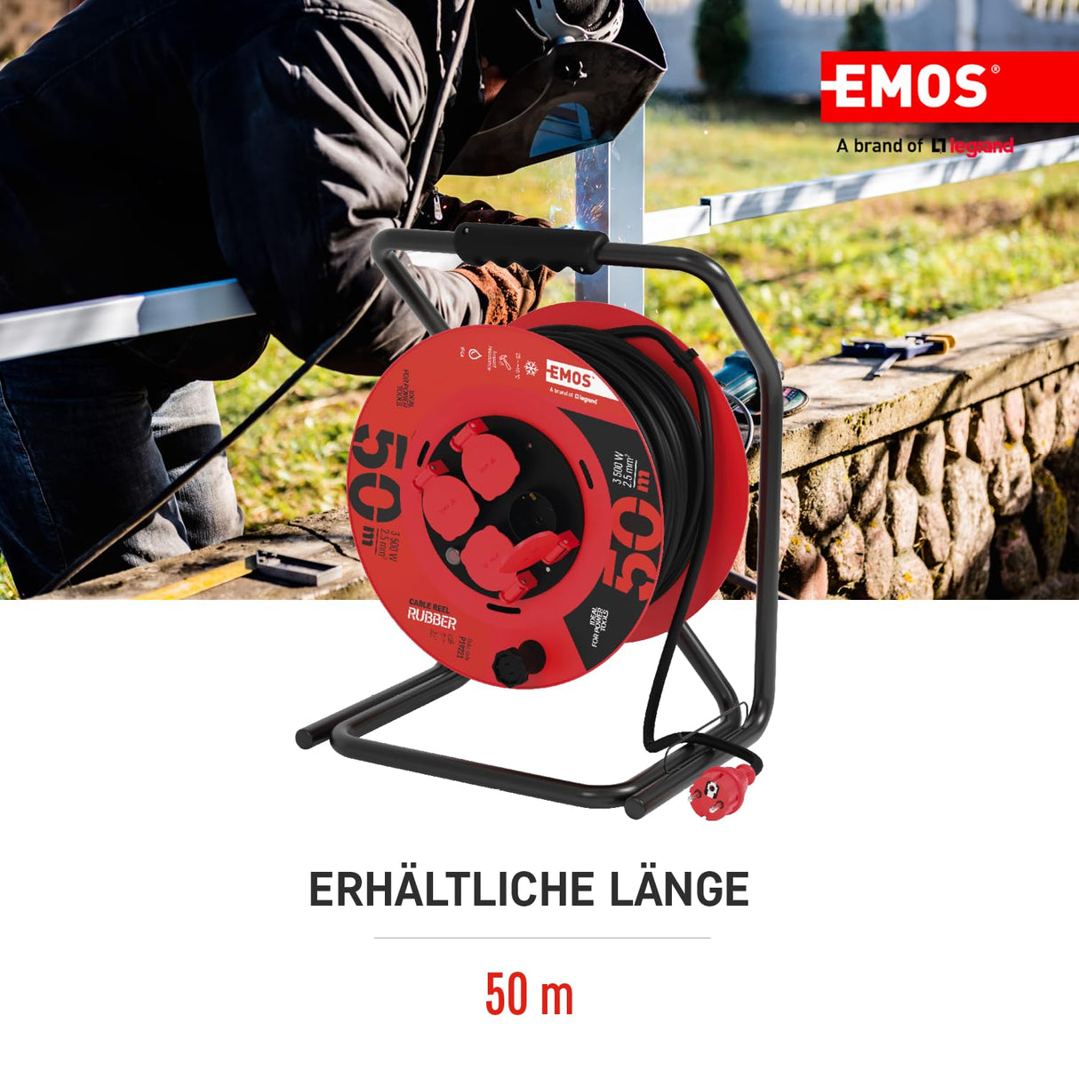 EMOS P19221 Carrete de Cable de 50m-4 enchufes Schuko-Impermeable, Impactos, Resistente a temperaturas-230 V, 15 A, 3500 W-Aislamiento de goma-H05RR-F 2,5 mm2-IP44 para Exteriores, Gris, Azul, Negro