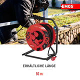 EMOS P19221 Carrete de Cable de 50m-4 enchufes Schuko-Impermeable, Impactos, Resistente a temperaturas-230 V, 15 A, 3500 W-Aislamiento de goma-H05RR-F 2,5 mm2-IP44 para Exteriores, Gris, Azul, Negro