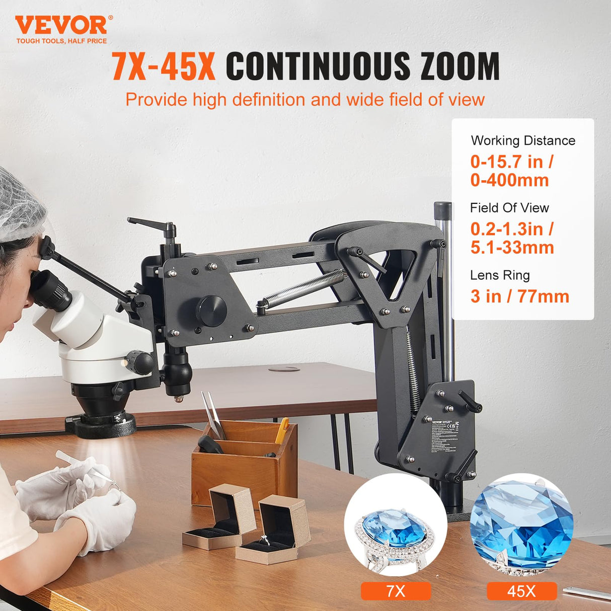 VEVOR Microscopio multidireccional con Soporte de Resorte, microscopio de joyería con Aumento de 7X-45X, Soporte para Incrustaciones de microjoyas con luz LED de Anillo USB integrada