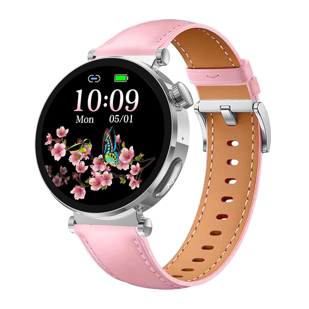 Knauermann Neo 2 (2025) - Plata Redonda - Reloj de Salud Smartwatch - ECG - Función HRV - Bluetooth BT - Apnea del Sueño - Presión Arterial - Pulsera de Piel de Vaca Rosa, Durchmesser: 40mm; Dicke: