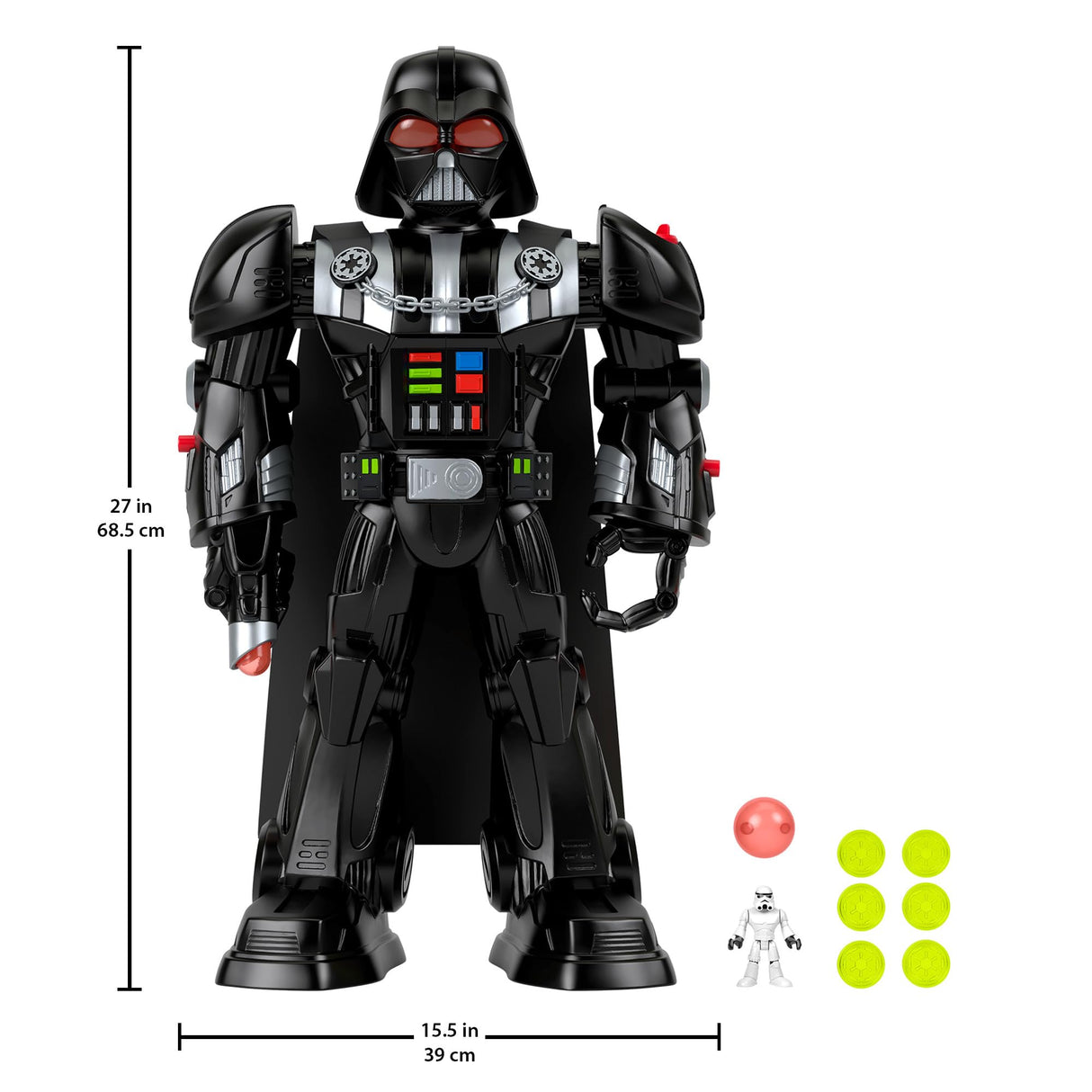 Fisher-Price Imaginext Star Wars Robot de Darth Vader de 60 cm con luces y sonidos, con sable láser, lanzador y figura de soldado imperial, juguete +3 años (HXG51)
