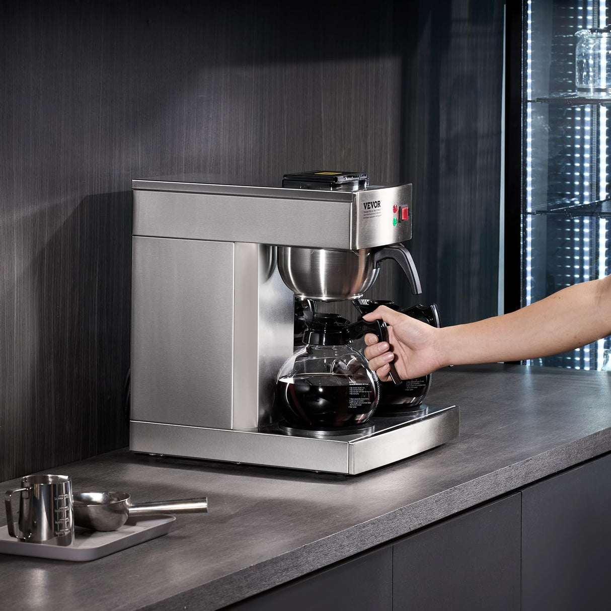 VEVOR Cafetera de Goteo Comercial Máquina de Café con 3 Jarras de Vidrio y 3 Placas Calentadoras Cafetera de Acero Inoxidable con Entrada Automática de Agua para Restaurante, Oficina, Cafetería