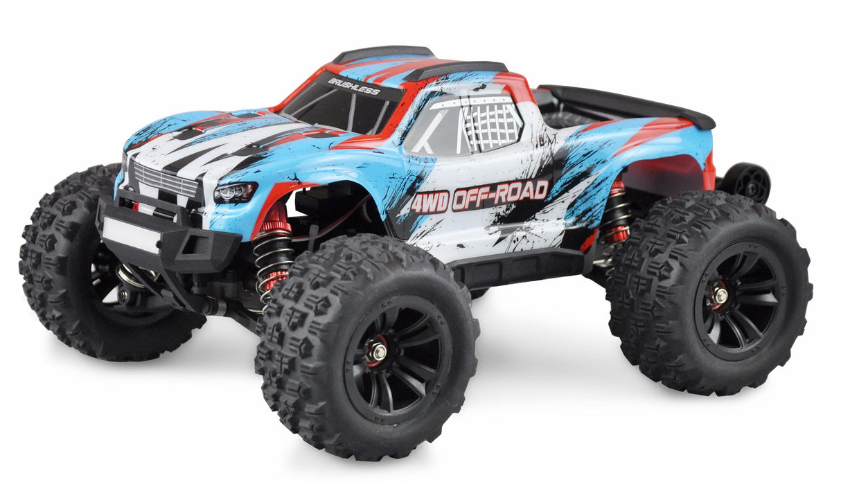 Amewi Hyper GO Pro Azul, Blanco sin escobillas 1:16 Auto RC eléctrico Monstertruck 4 Ruedas (4WD) Listo para funcionar