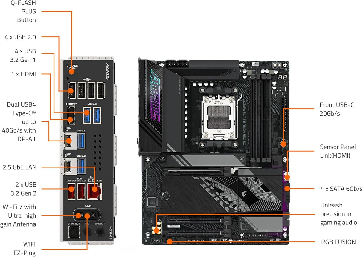 GIGABYTE X870E AORUS Elite WIFI7 AM5 LGA 1718, ATX, DDR5, 4X M.2, PCIe 5.0, USB4, Wi-Fi 7, 2.5GbE LAN, EZ-Latch, Q-Flash