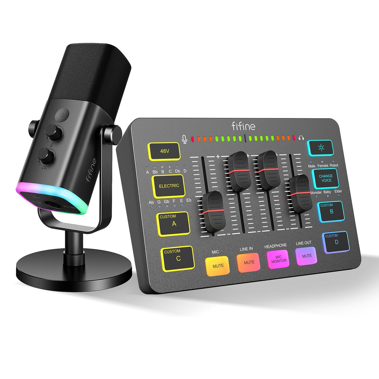 FIFINE XLR Streaming Micrófono Dinámico de Podcast, Mezclador de Audio, RGB Streaming Gaming Audio Mixer PC con Interfaz de XLR (AM8 + SC3)