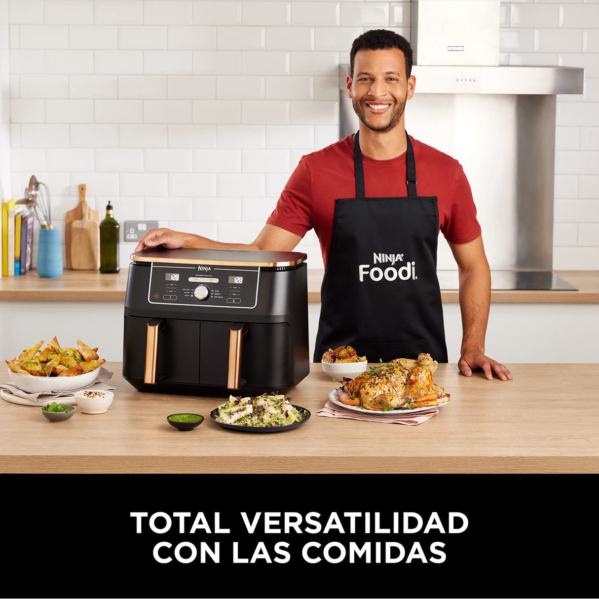 Ninja Freidora de aire Foodi MAX [AF400EUCP] doble compartimento, 9,5 l de capacidad, 2 cajones, 6 funciones, cobre