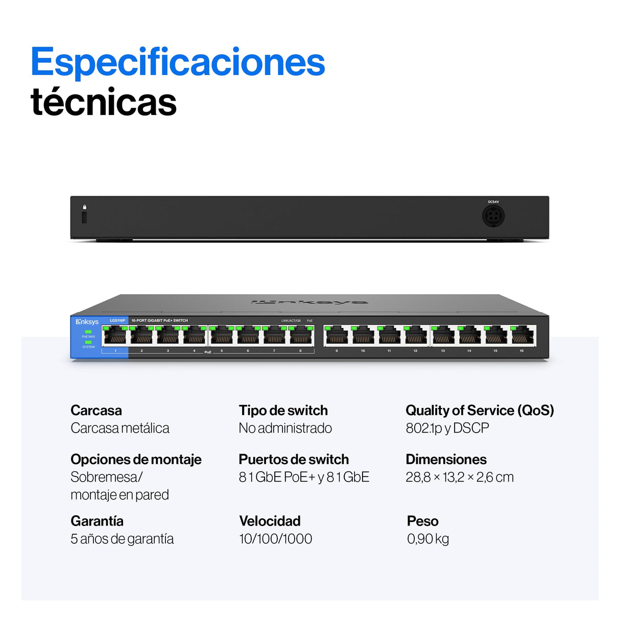 Linksys LGS116P-EU switch de red Gigabit no administrado de 16 puertos con 8 puertos PoE+, hasta 1000 Mbps, para empresas y particulares, vigilancia IP, divisor Ethernet de sobremesa