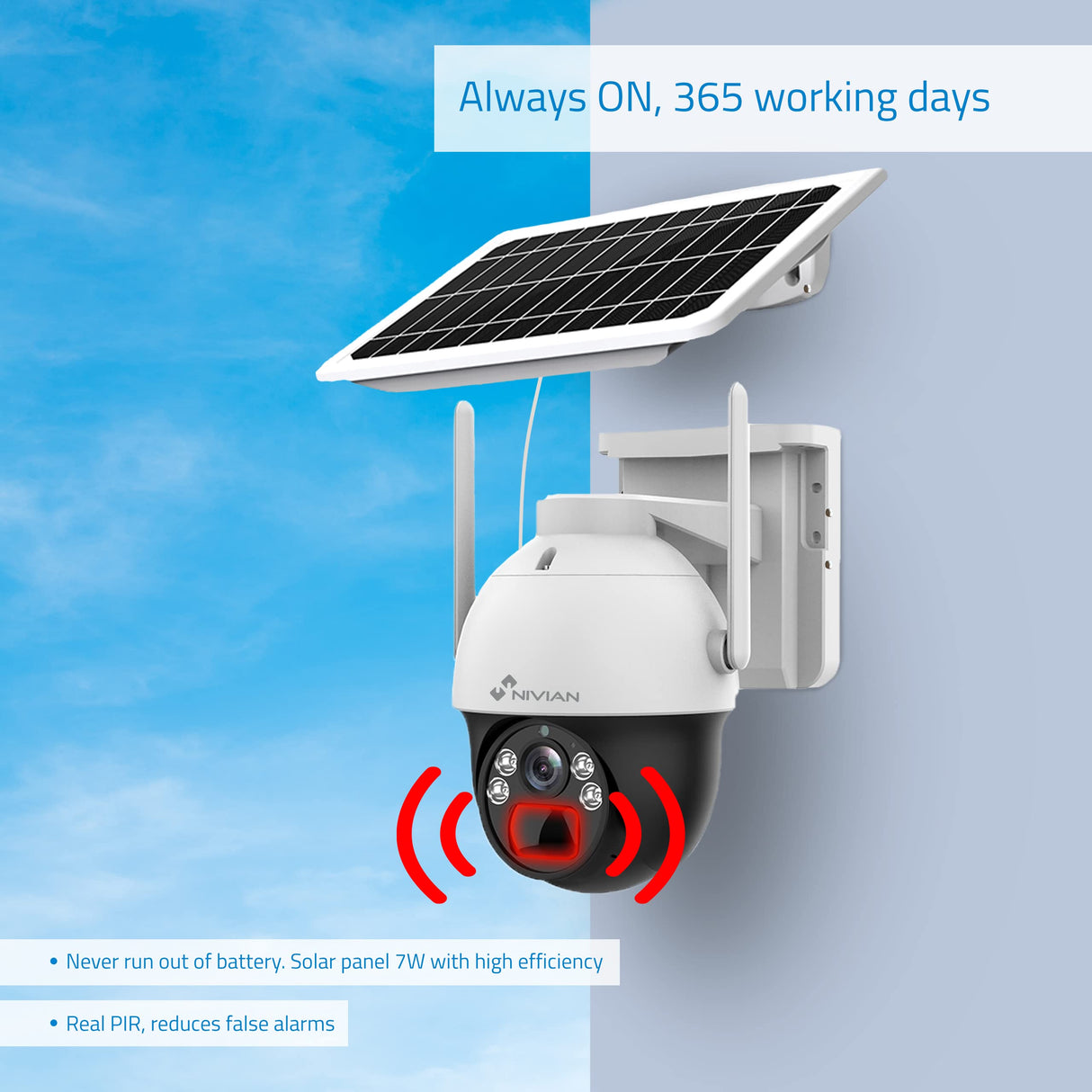 Nivian Cámara vigilancia seguridad 360º 4G(SIM) Panel solar 7W-Batería larga duración 18000mAh-2K-Detección de movimiento y humanos-Apta exterior-Visión nocturna+Leds-Audio bidireccional-APP EseeCloud