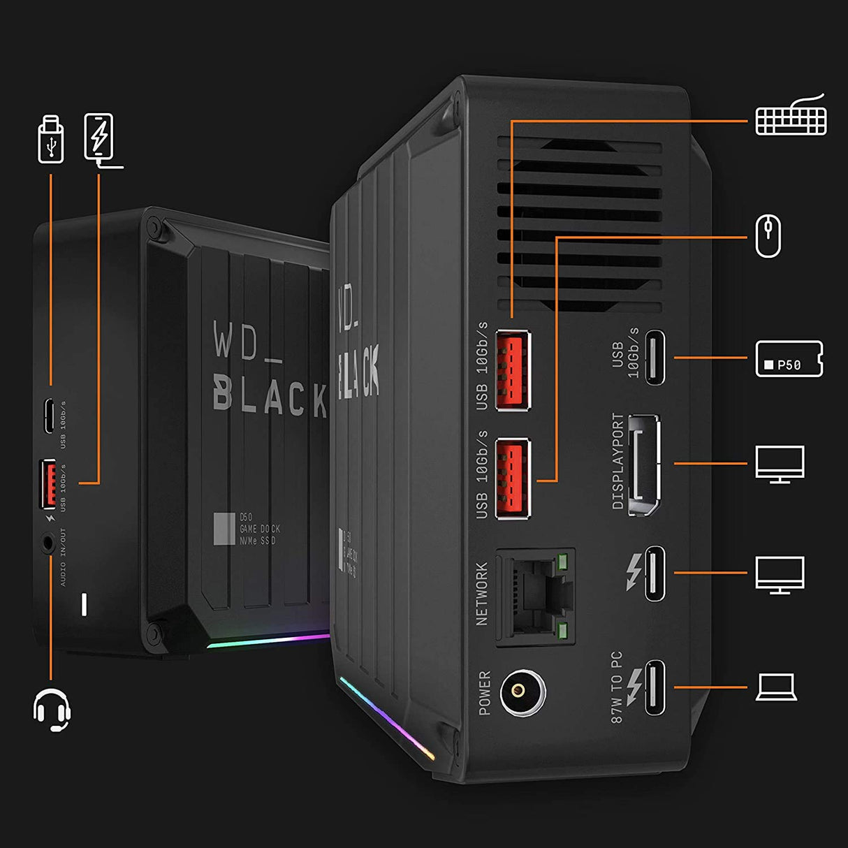WD BLACK D50 NVMe SSD, Game Dock de 2 TB, 2 puertos Thunderbolt 3, DisplayPort 1.4, 2 puertos USB-C, 3 puertos USB-A, entrada y salida de audio y Gigabit Ethernet, iluminación RGB personalizable