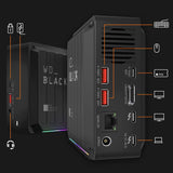 WD BLACK D50 NVMe SSD, Game Dock de 2 TB, 2 puertos Thunderbolt 3, DisplayPort 1.4, 2 puertos USB-C, 3 puertos USB-A, entrada y salida de audio y Gigabit Ethernet, iluminación RGB personalizable