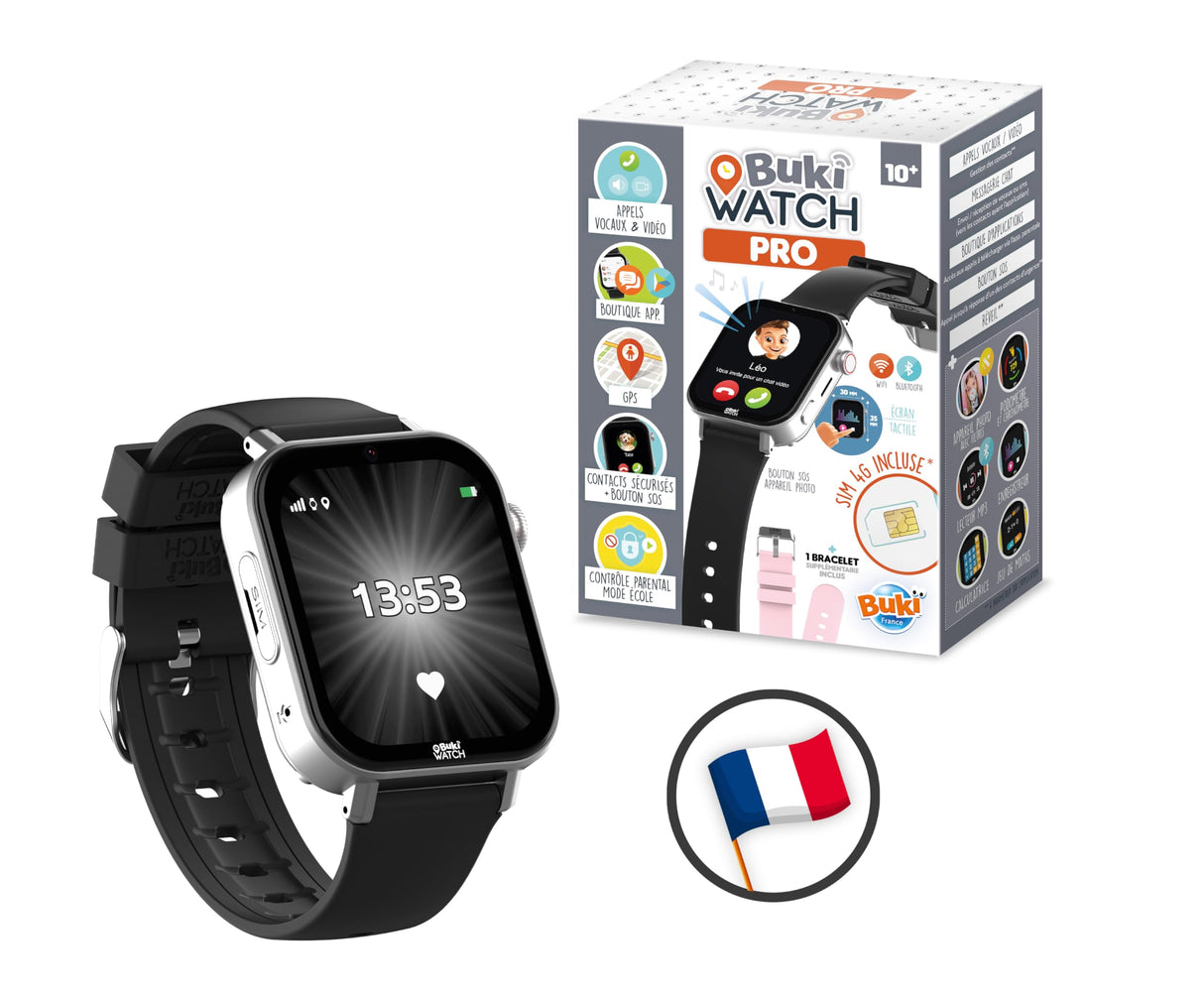 BUKI France PRO01 - Reloj inteligente para niños con tarjeta SIM incluida, llamadas, GPS, vídeo, WiFi, Bluetooth, botón SOS, aplicación parental, ideal para primer teléfono, BUKI Watch Pro a partir de