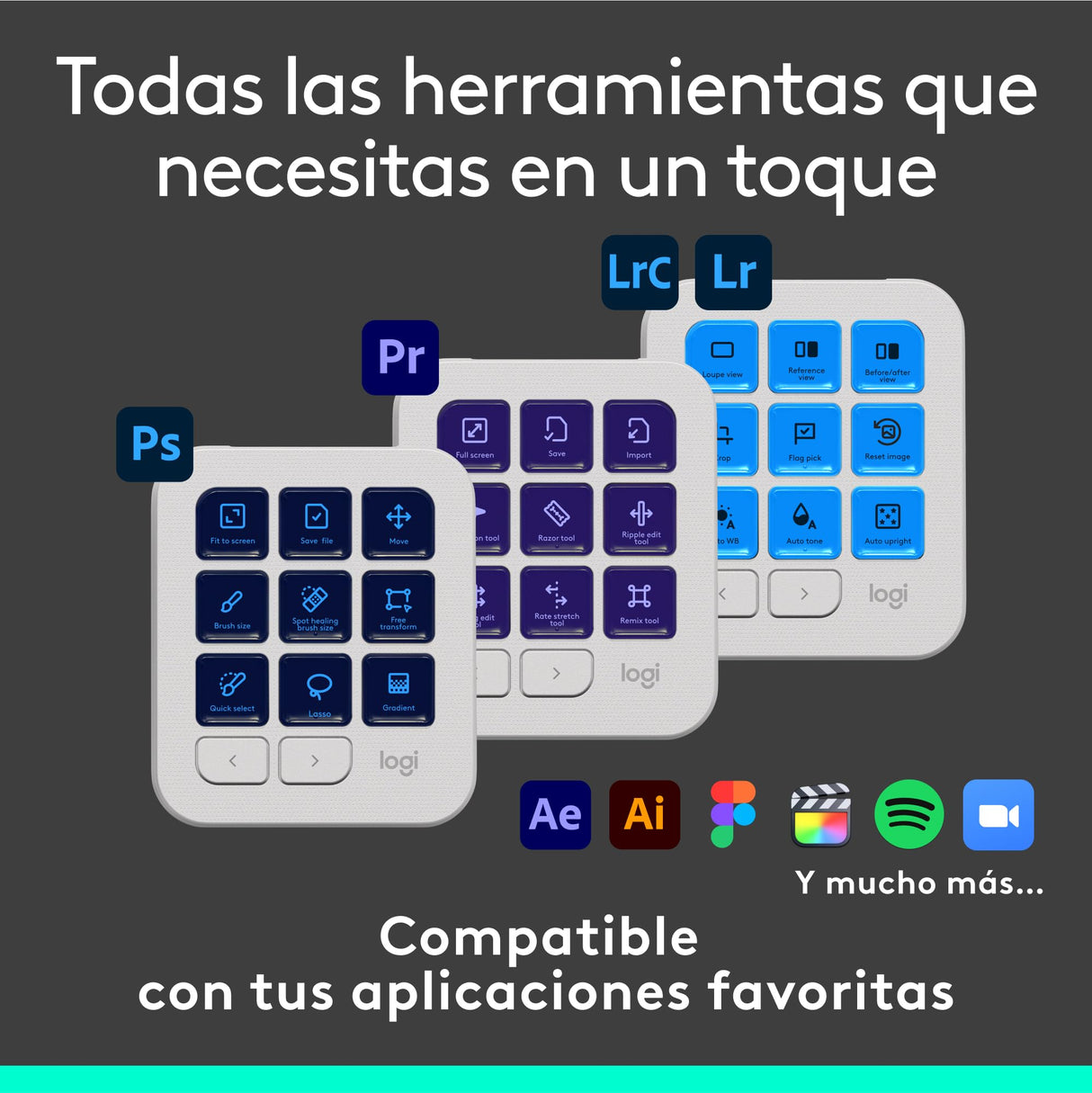 Logitech MX Creative Console, keypad programable con 9 teclas LCD personalizables y dial de control para diseño gráfico, edición de vídeo, fotografía, uso con Adobe, Zoom, Spotify - Gris Pálido