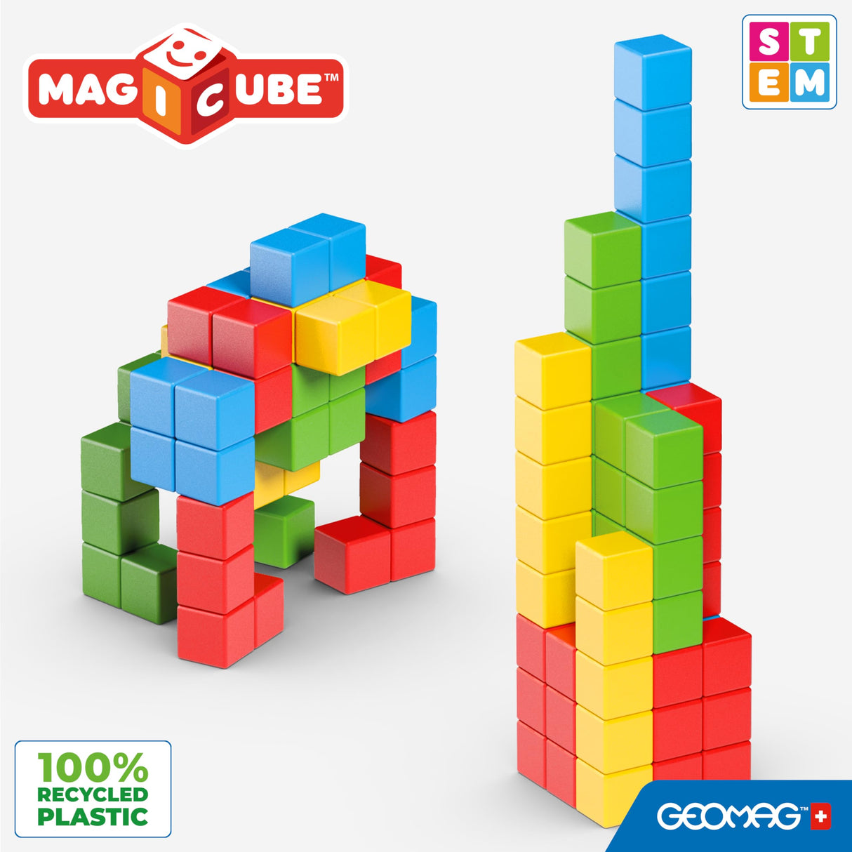Geomag Magicube Full Color, Bloques de Construcción Magnéticos para Niños a Partir de 1 Año – Juego de 64 Bloques de 4 Colores Hechos de Plástico 100% Reciclado