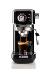 Ariete 1381 - Cafetera con manómetro, compatible con café en polvo y pastillas ESE 1300 W, capacidad 1,1 l, filtro a presión 15 bar, dispositivo capuchino de ½ tazas, color negro