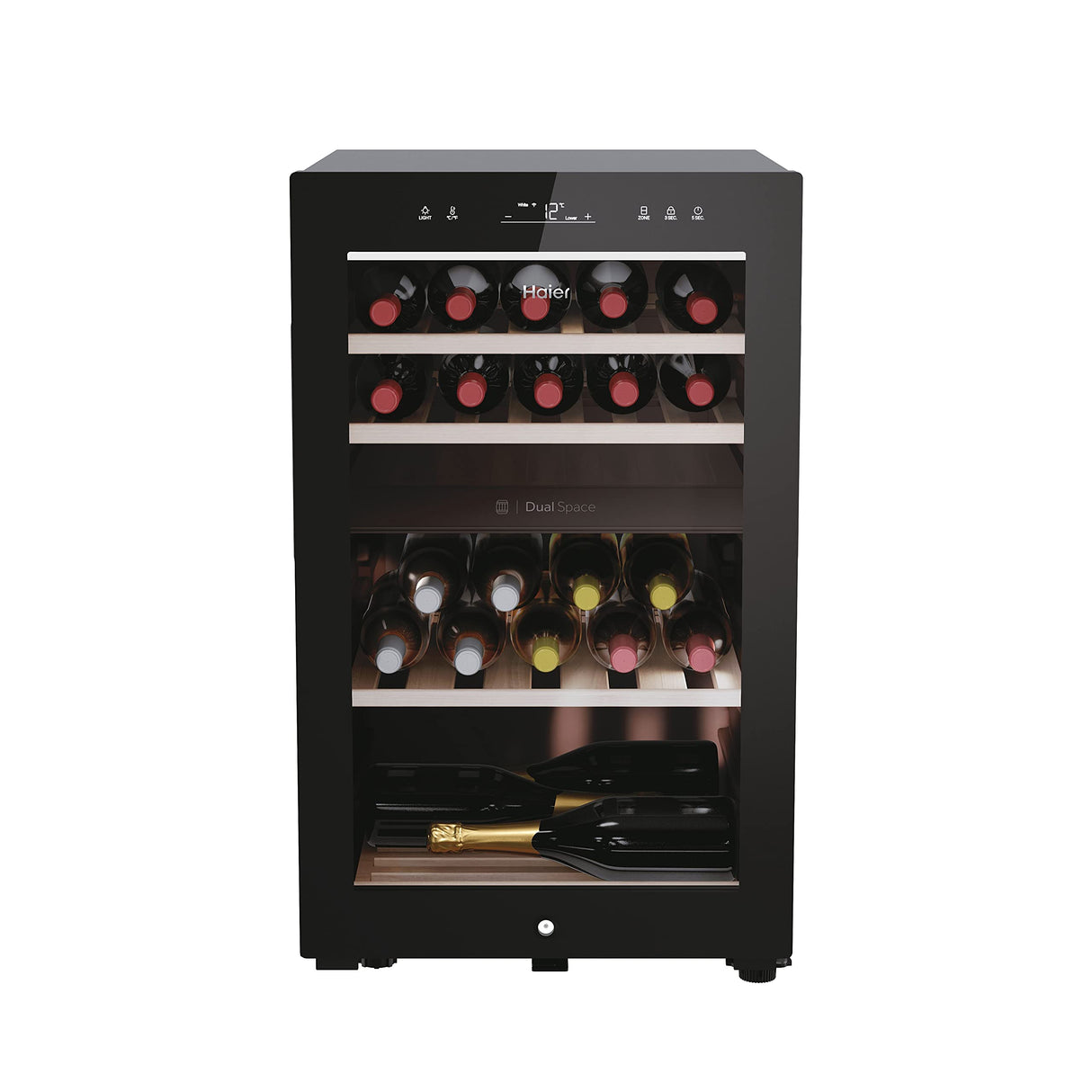 Haier Wine Bank 50 Series 7 HWS42GDAU1- Vinoteca de 42 botellas, Estantes de madera, Filtro Anti-UV, Filtro de carbón, Refrigeración por Compresor, Display Digital, Iluminación LED, Silenciosa 37 dbA