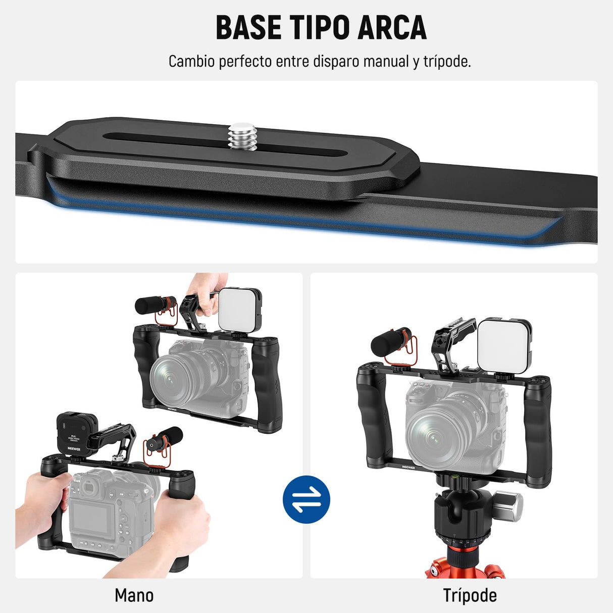 NEEWER Cámara Jaula Universal+Top Handle y Soporte Monitor Cold Shoe, Estabilizador Gimbal Cámara Tipo Arca, 2 Asas, 3/8" para ARRI, Rig Video Compatible con SmallRig Accesorios, CA016T+MA006