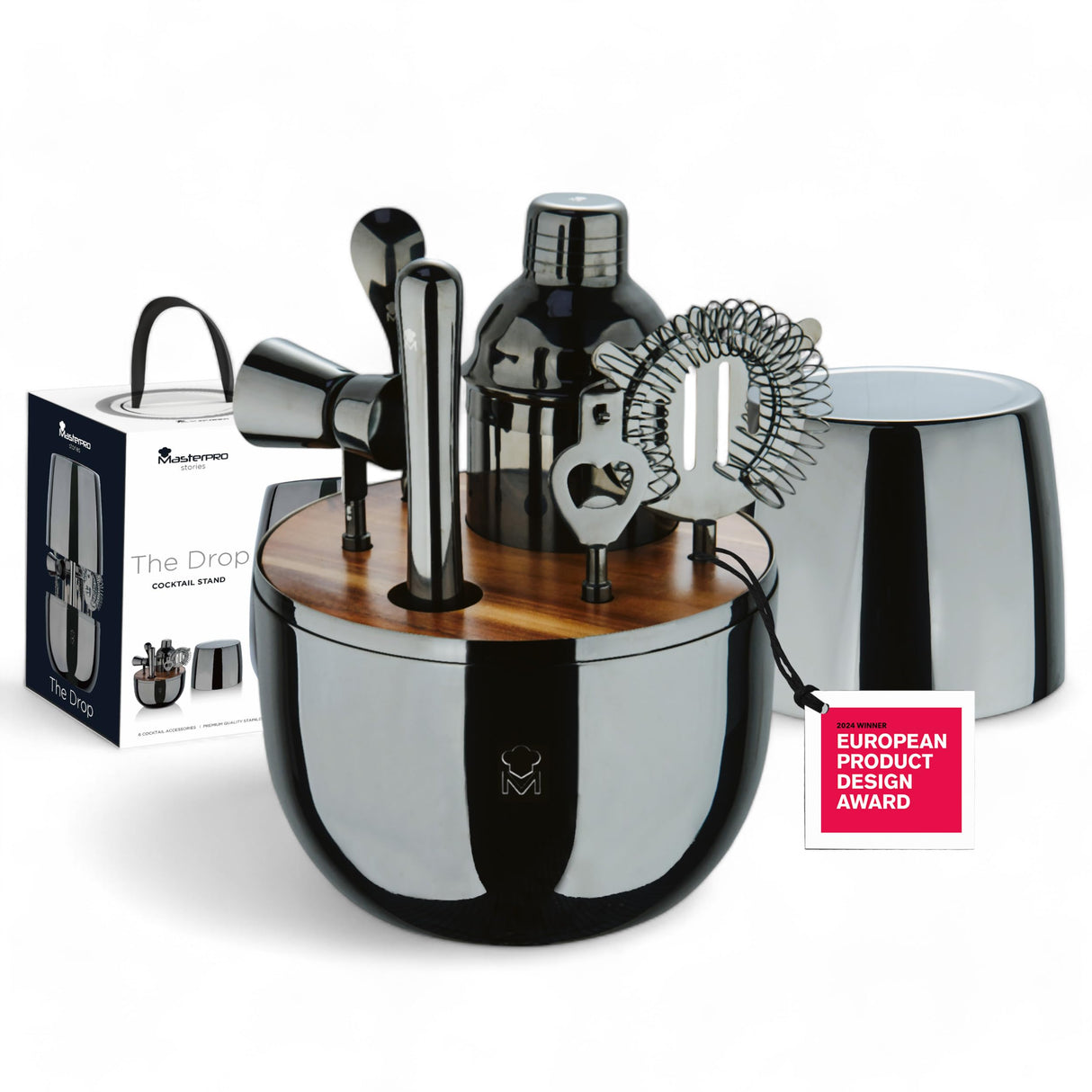 MasterPRO The Drop - Juego de coctelería de 6 Piezas de diseño en Acero Inoxidable - Elegante, Duradero y Multifuncional - Idea de Regalo Ideal (Navidad, Pascua, Boda) - Caja de Regalo incluida