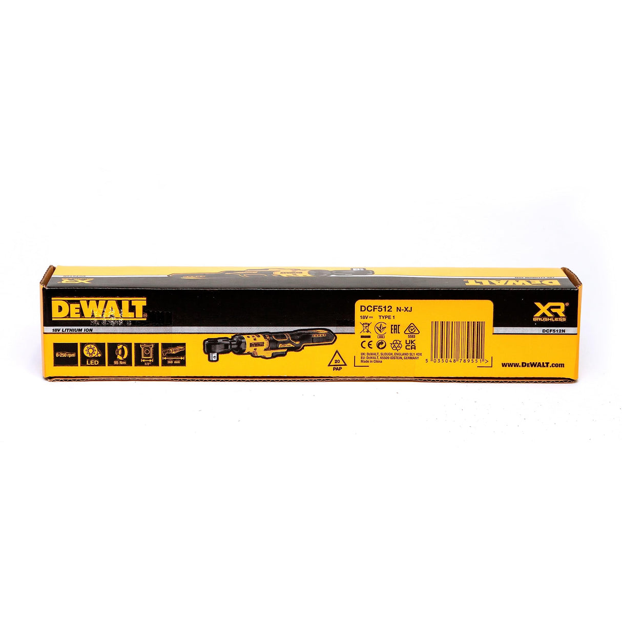 DeWalt DCF512N-XJ - Llave de carraca 18V XR, 1/2", Longitud total de 360 mm, Motor sin escobillas, 95 Nm, Luz LED, No incluye batería ni cargador