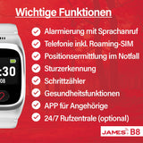 James B8 - Reloj de llamada de emergencia y seguridad para ancianos, detección de caídas, botón de llamada de emergencia y localización GPS, funciones de salud, por ejemplo, pulso, aplicación familiar