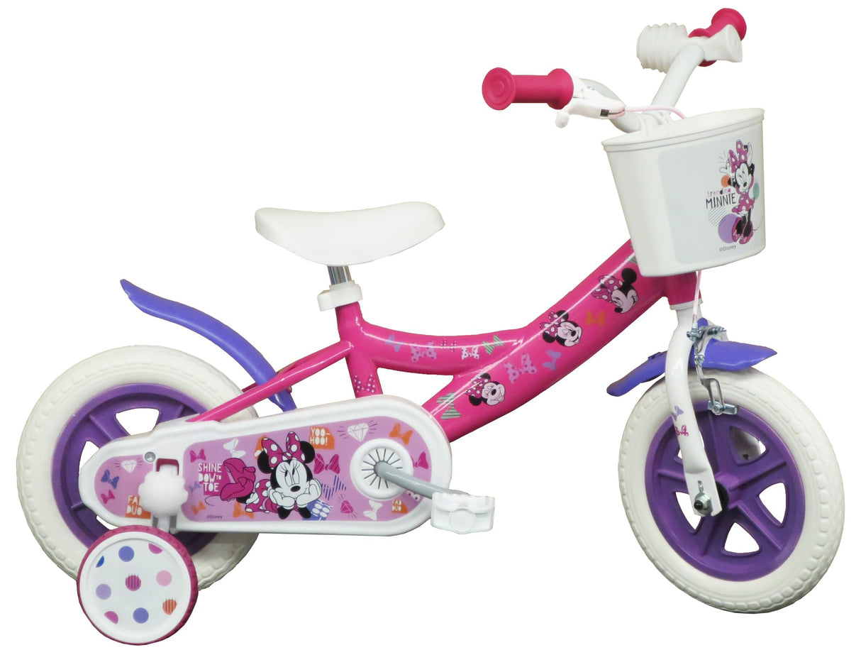 Bicicleta de 10 Pulgadas para niño, niña, Minnie/Disney con 1 Freno Delantero calibrador, Cesta Delantera, Guardabarros, cárter, Ruedas y 2 estabilizadores extraíbles, Rosa