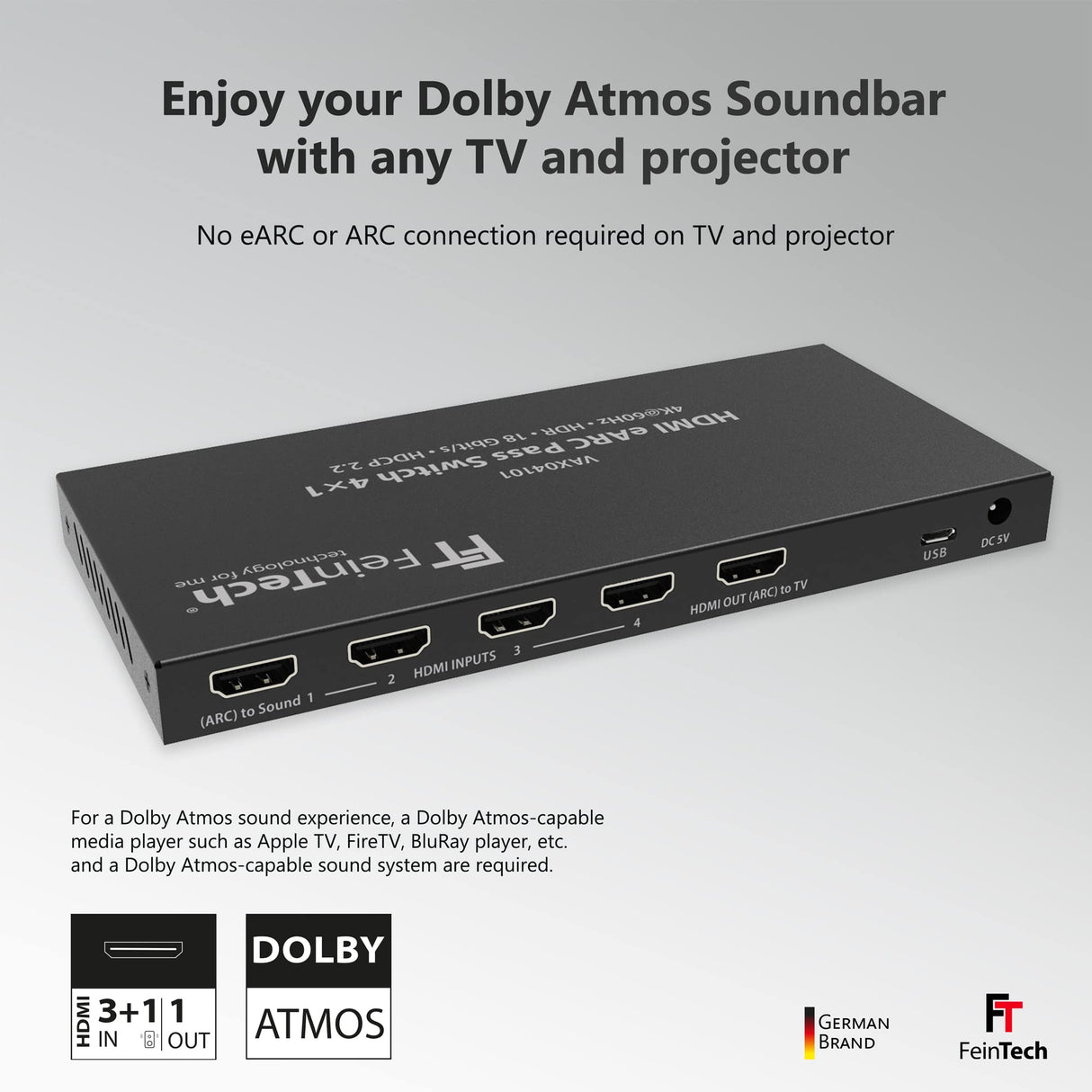 FeinTech VAX04101 HDMI eARC Pass Switch 4x1 para Barra de Sonido y videoproyector o televiso 4K Dolby Atmos