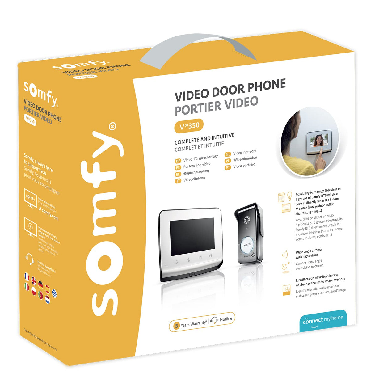 somfy 1870996 - Videoteléfono V350, con Pantalla de 7 Pulgadas, Visión Nocturna, Cámara Gran Angular, Memoria de Imagen, para Controlar hasta 5 Equipos Motorizados RTS, Configuración fácil