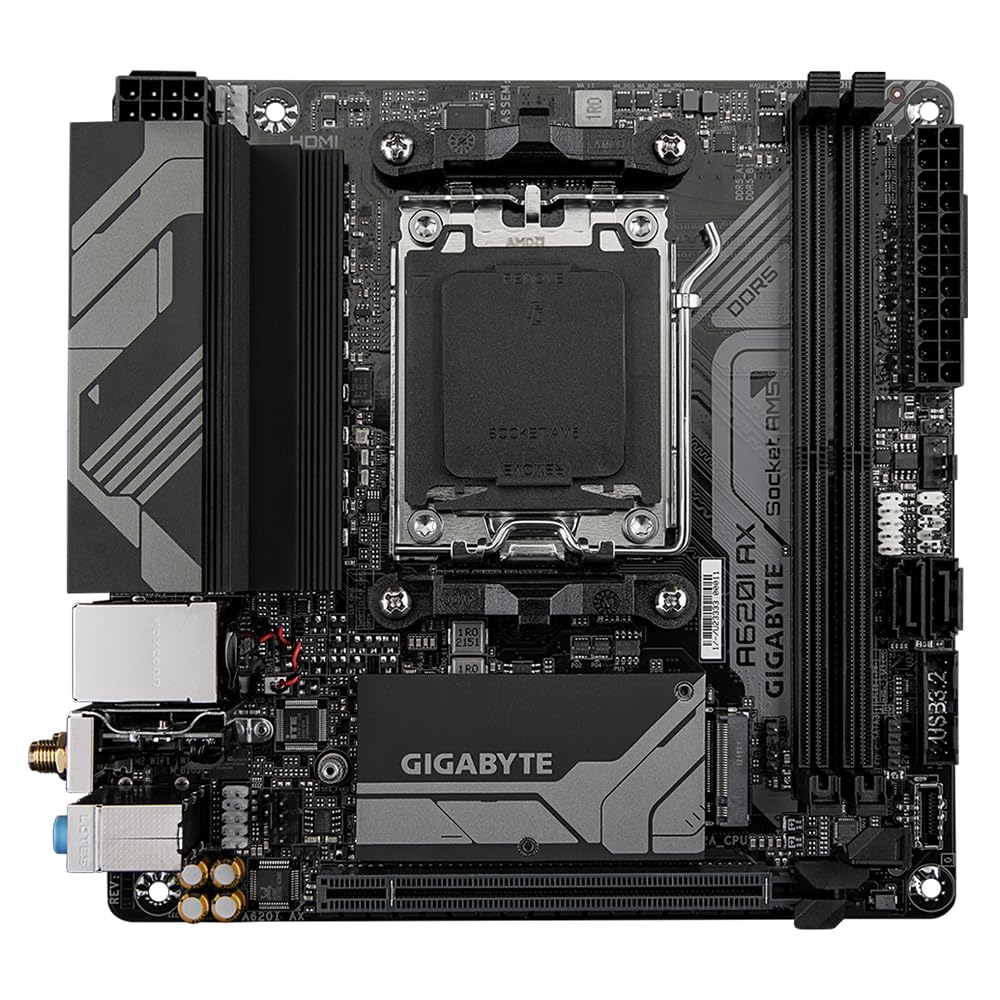 GIGABYTE A620I AX Placa base - Soporta CPUs AMD Ryzen 8000, VRM digital de 5+2+1 fases, hasta 6400MHz DDR5 (OC), 1xPCIe 4.0 M.2, Wi-Fi 6E, LAN 2.5GbE, USB 3.2 Gen 2