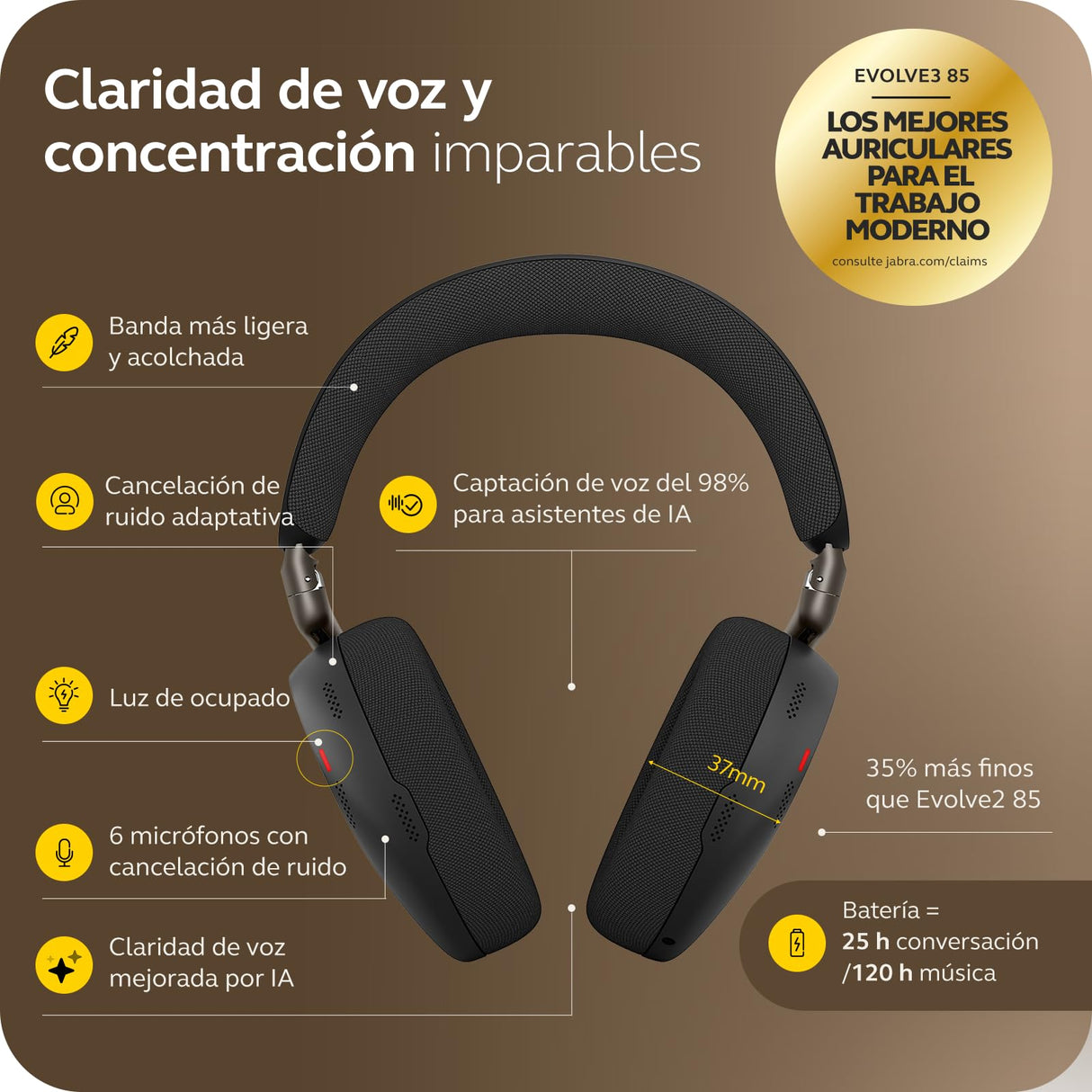 Jabra Evolve3 85 Auriculares Over-Ear Bluetooth Inalámbricos con Micrófono y Base Carga para Trabajo, USB-A, IA Llamadas, ANC Adaptativa, 25h Batería, MS Teams Certificado, Negro
