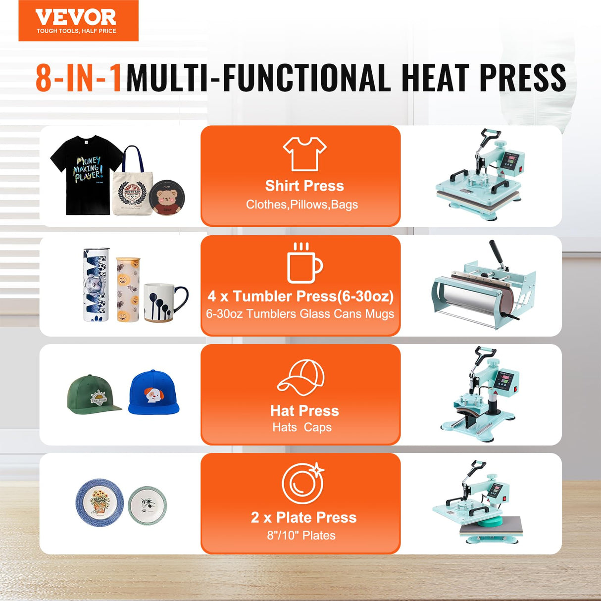 VEVOR 8 en 1 Máquina de Prensado por Calor con Prensa de Vaso de 887 ml, 300 x 380 mm, Prensa Térmico con Giro de 360° con Control Digital Preciso para Camiseta, Taza, Sombrero y Plato, Verde