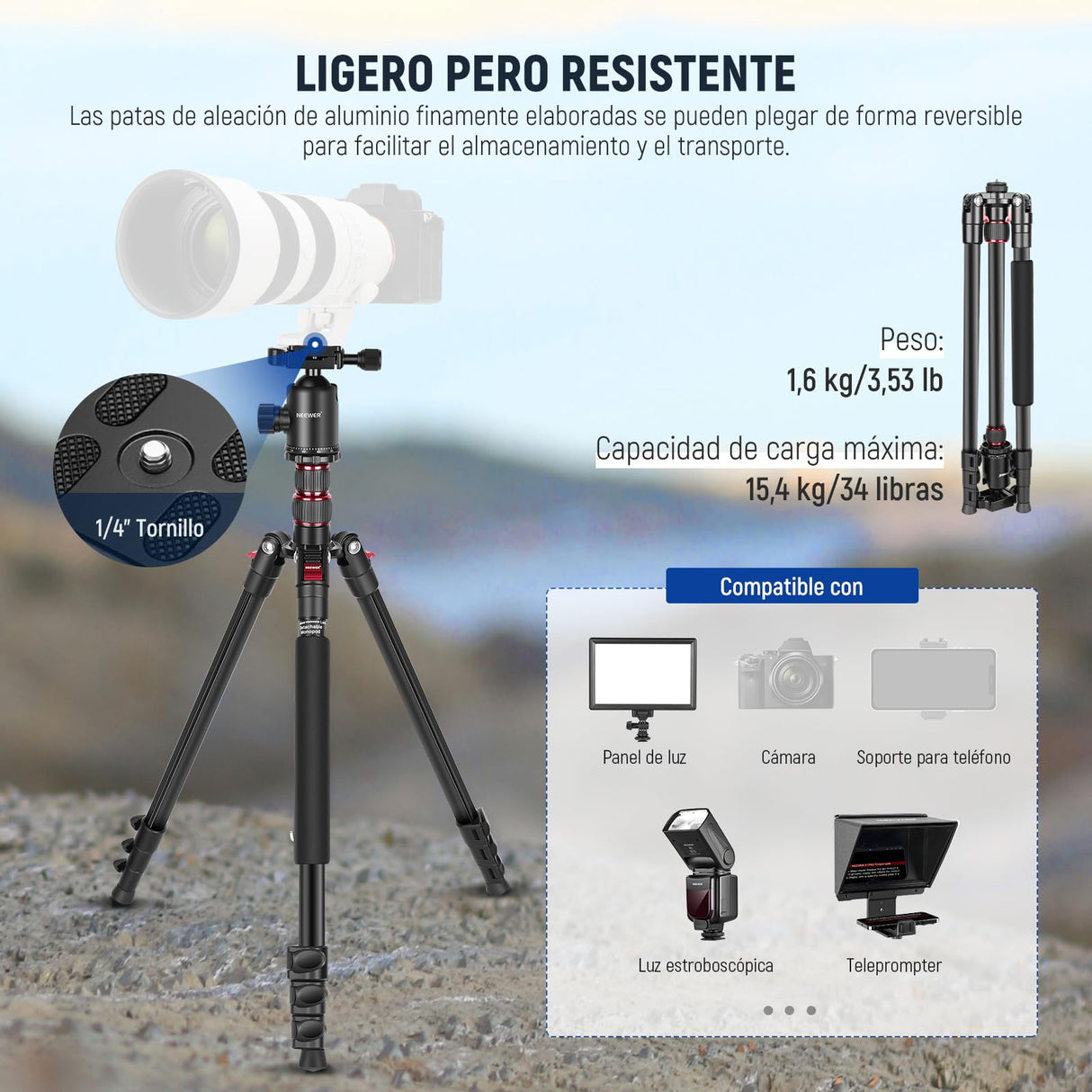 NEEWER 77" Trípode Monopie Cámara con Soporte Móvil Trípode Portátil Viaje con Control Remoto 360° Cabezal Esférico 2 Ejes Columna Central Placa Arca QR y Bolsa Trípode DSLR de Aluminio Máx 34lb, TP77