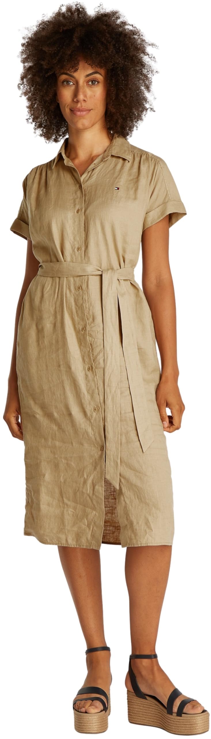 Tommy Hilfiger Vestido camisero Mujer Linen Belted de manga corta, Marrón (Camel), 38
