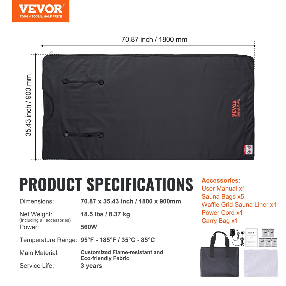 VEVOR Manta de Sauna de Infrarrojos Lejanos Portátil 180x90 cm Temperatura Ajustable 1-6 Niveles 35-85 °C Temporizador 1-60 min Orificios para los Brazos Bolsas de Sauna Calefacción Fibra de Carbono